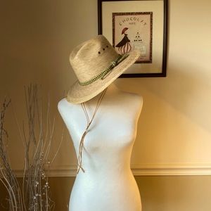 Straw Fedora Style Hat w/Green & Black Rope Hat Band Size: 6 7/8”